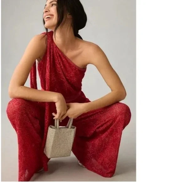 Anthropologie Cecilia Prado Jumpsuit Draped One Shoulder in Red Metallic